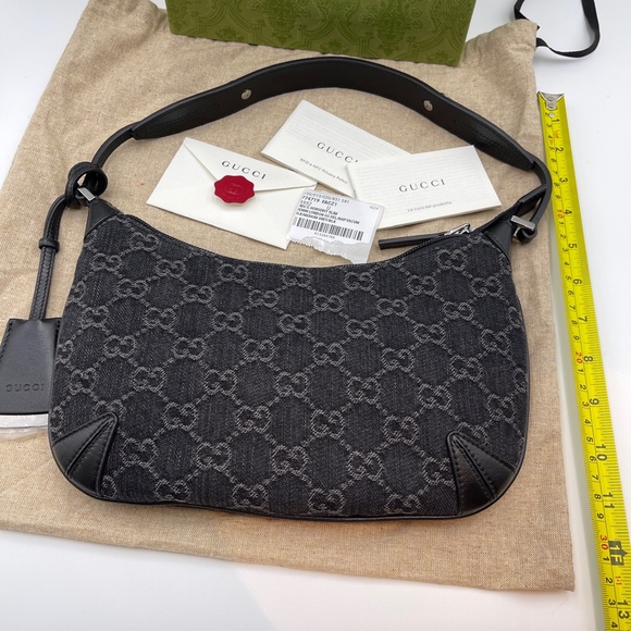 NEW GUCCI Jacquard Black Denim GG Monogram silver Horsebit Shoulder Bag Black - Picture 13 of 16